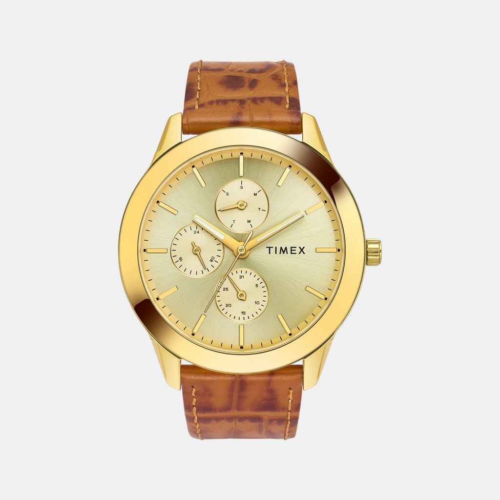 Fashion Men Quartz Champagne Dial Multi-Function Leather Watch TWEG18521