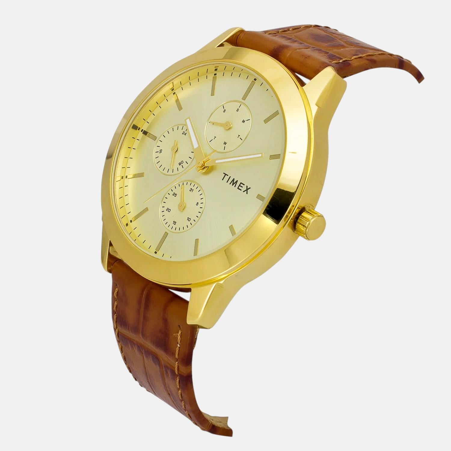 Fashion Men Quartz Champagne Dial Multi-Function Leather Watch TWEG18521