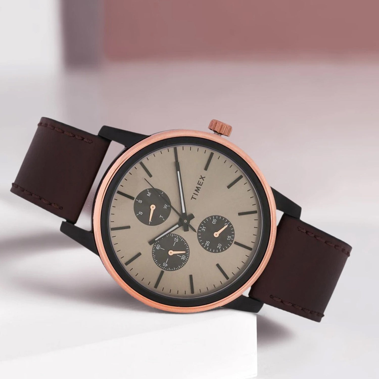 Fashion Men Quartz Brown Dial Multi-Function Leather Watch TWEG18903