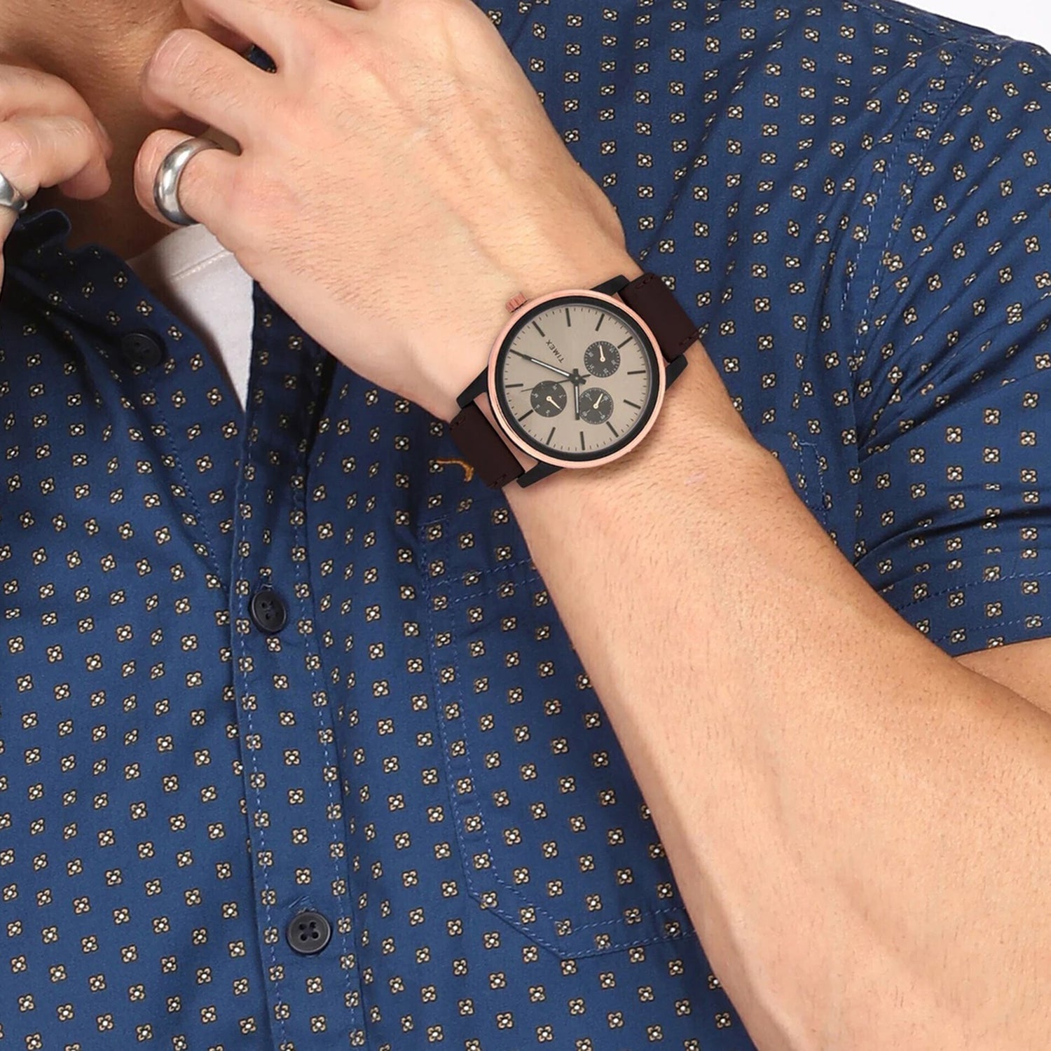 Fashion Men Quartz Brown Dial Multi-Function Leather Watch TWEG18903