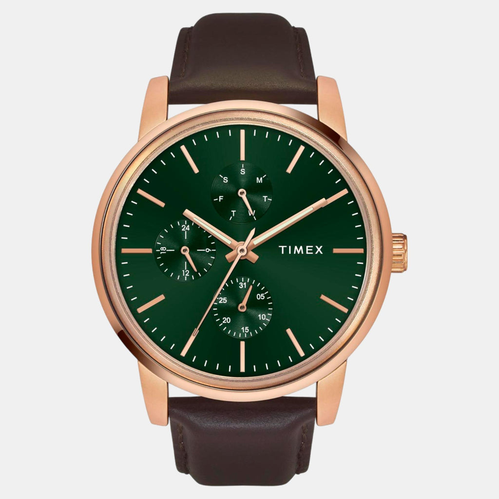 Fashion Men Quartz Green Dial Multi-Function Leather Watch TWEG18905