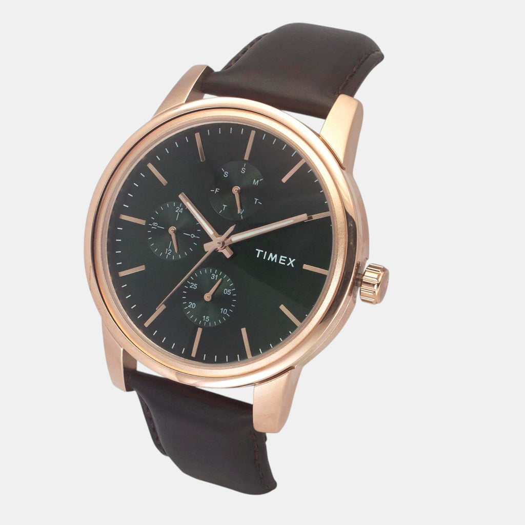 Fashion Men Quartz Green Dial Multi-Function Leather Watch TWEG18905