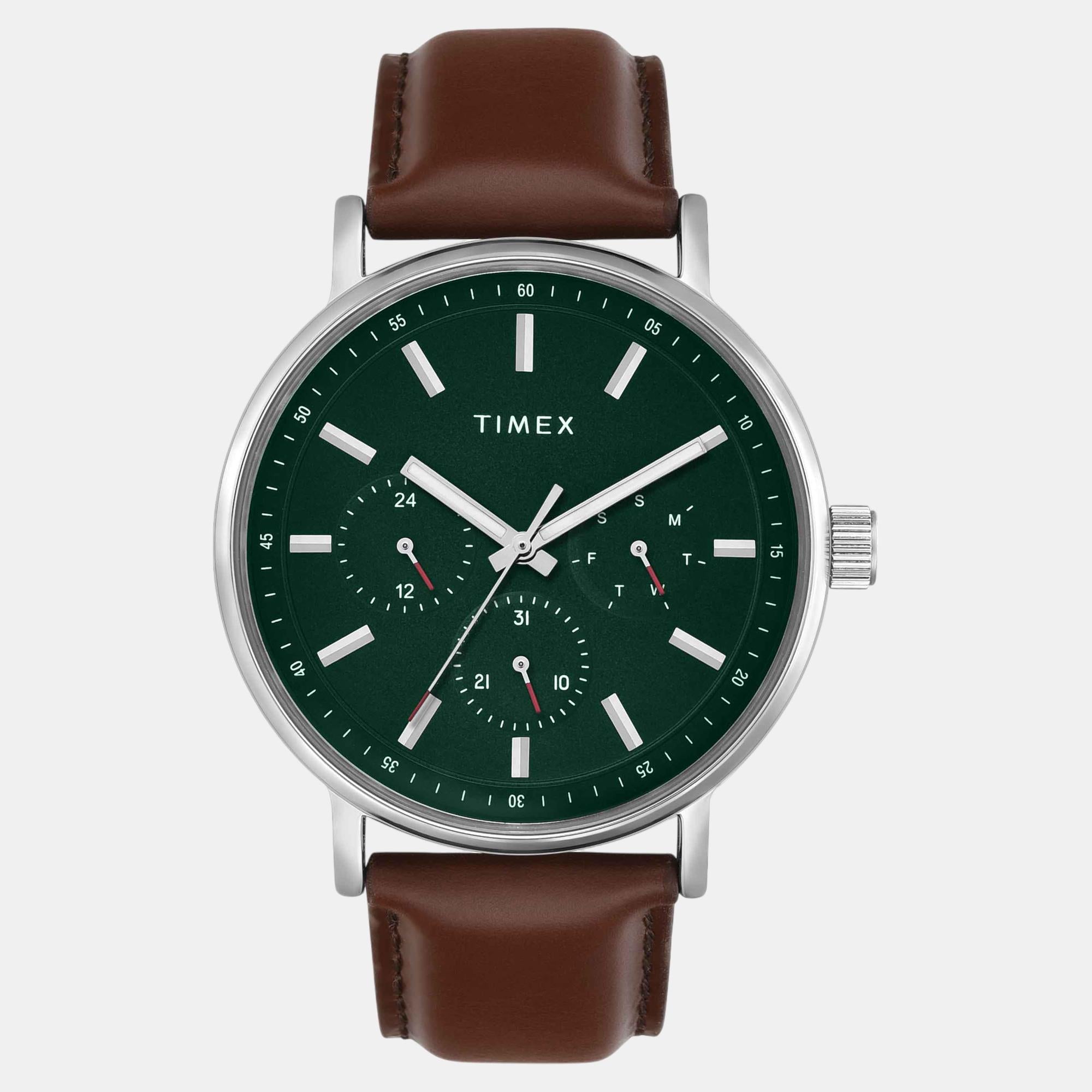 Fashion Men Quartz Green Dial Multi-Function Leather Watch TWEG20022