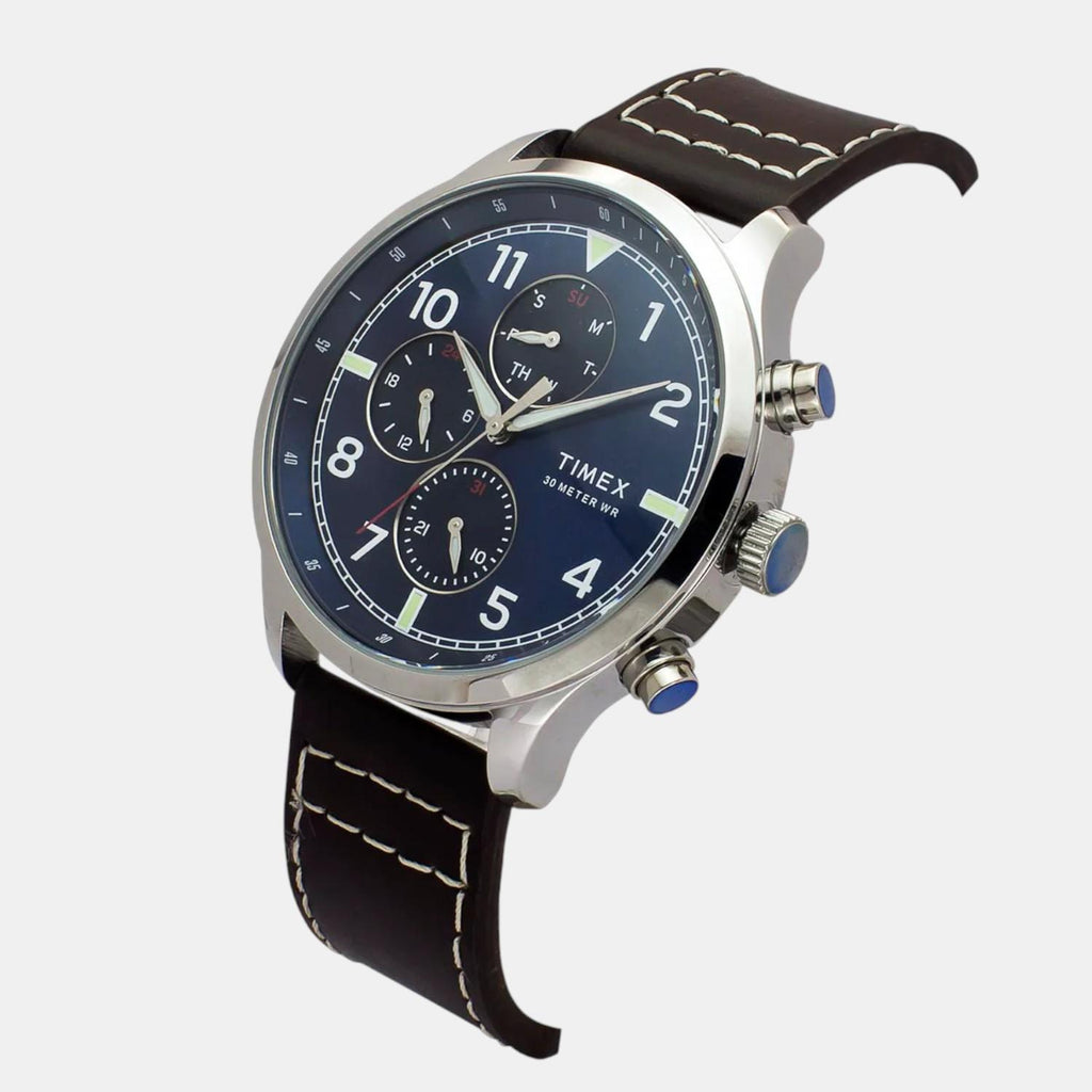 Fashion Men Quartz Blue Dial Multi-Function Leather Watch TWEG23901