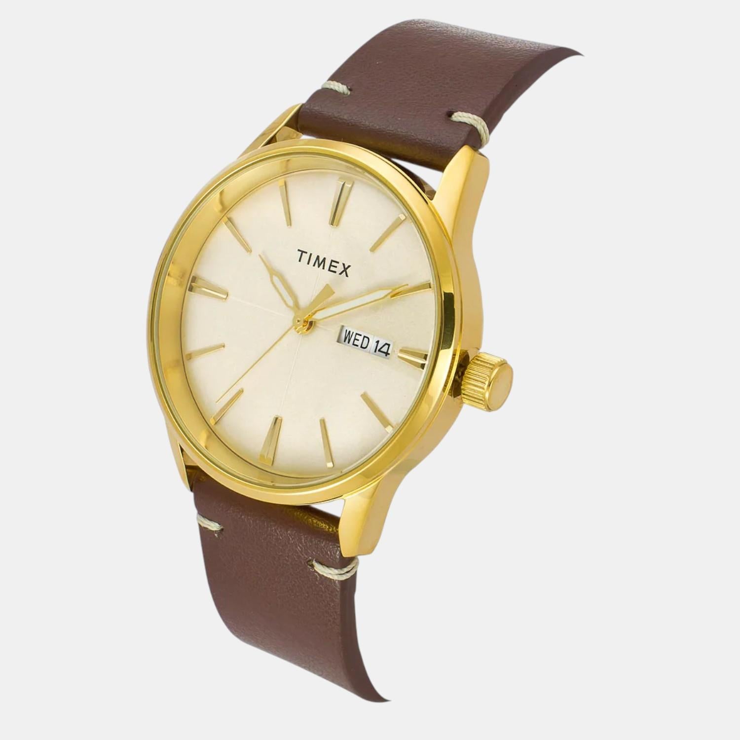 Fashion Men Quartz Champagne Dial Analog Leather Watch TWEG25502