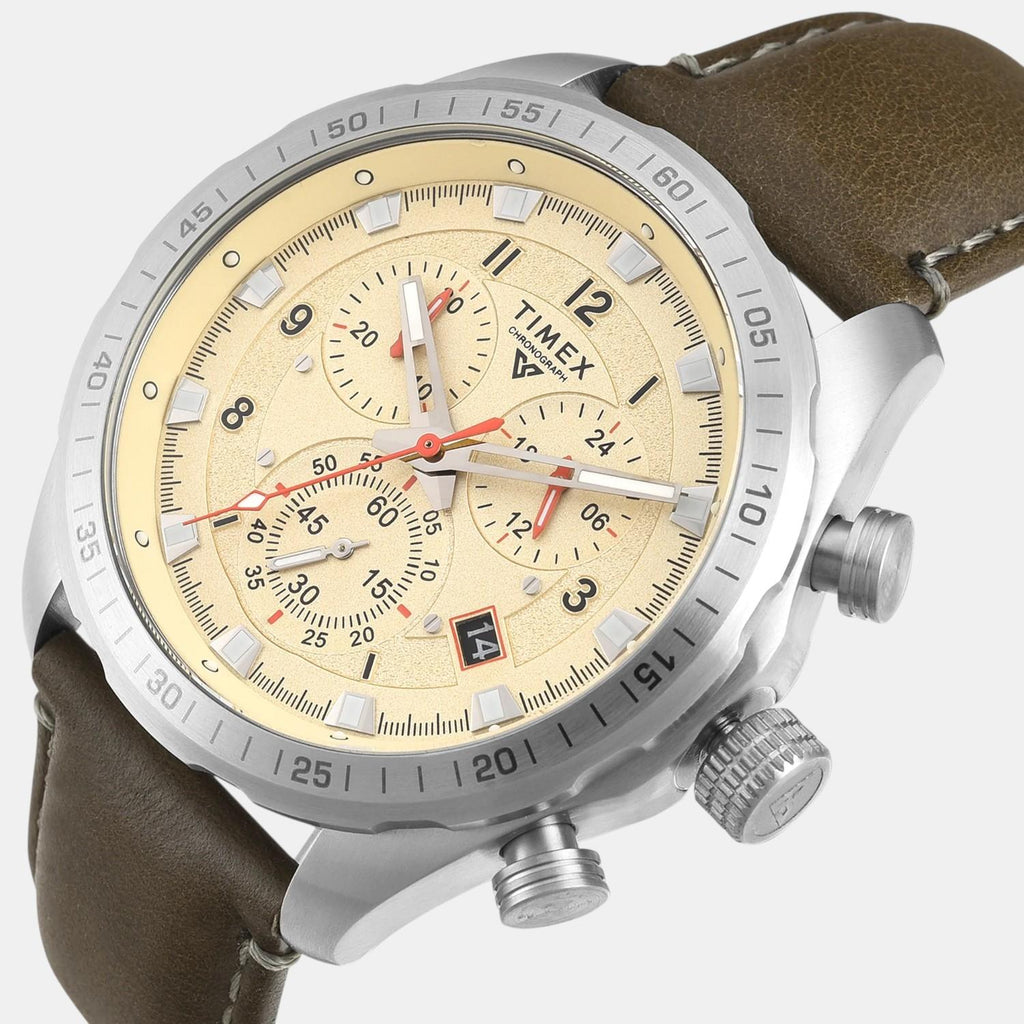 Fashion Men Quartz Beige Dial Chronograph Leather Watch TWEG26000
