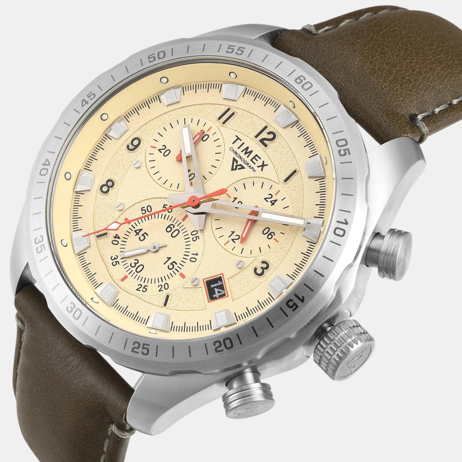 Fashion Men Quartz Beige Dial Chronograph Leather Watch TWEG26000