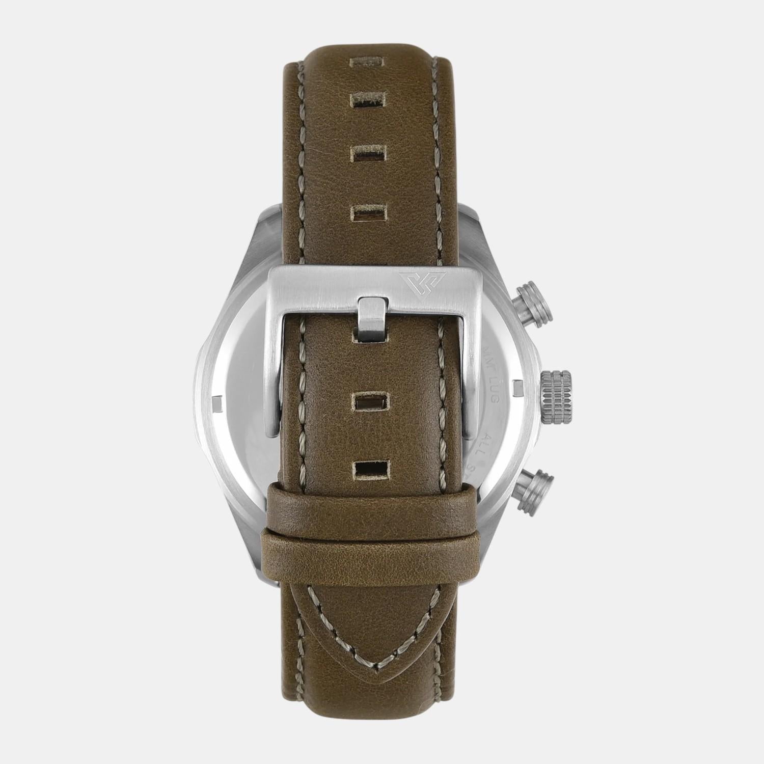 Fashion Men Quartz Beige Dial Chronograph Leather Watch TWEG26000