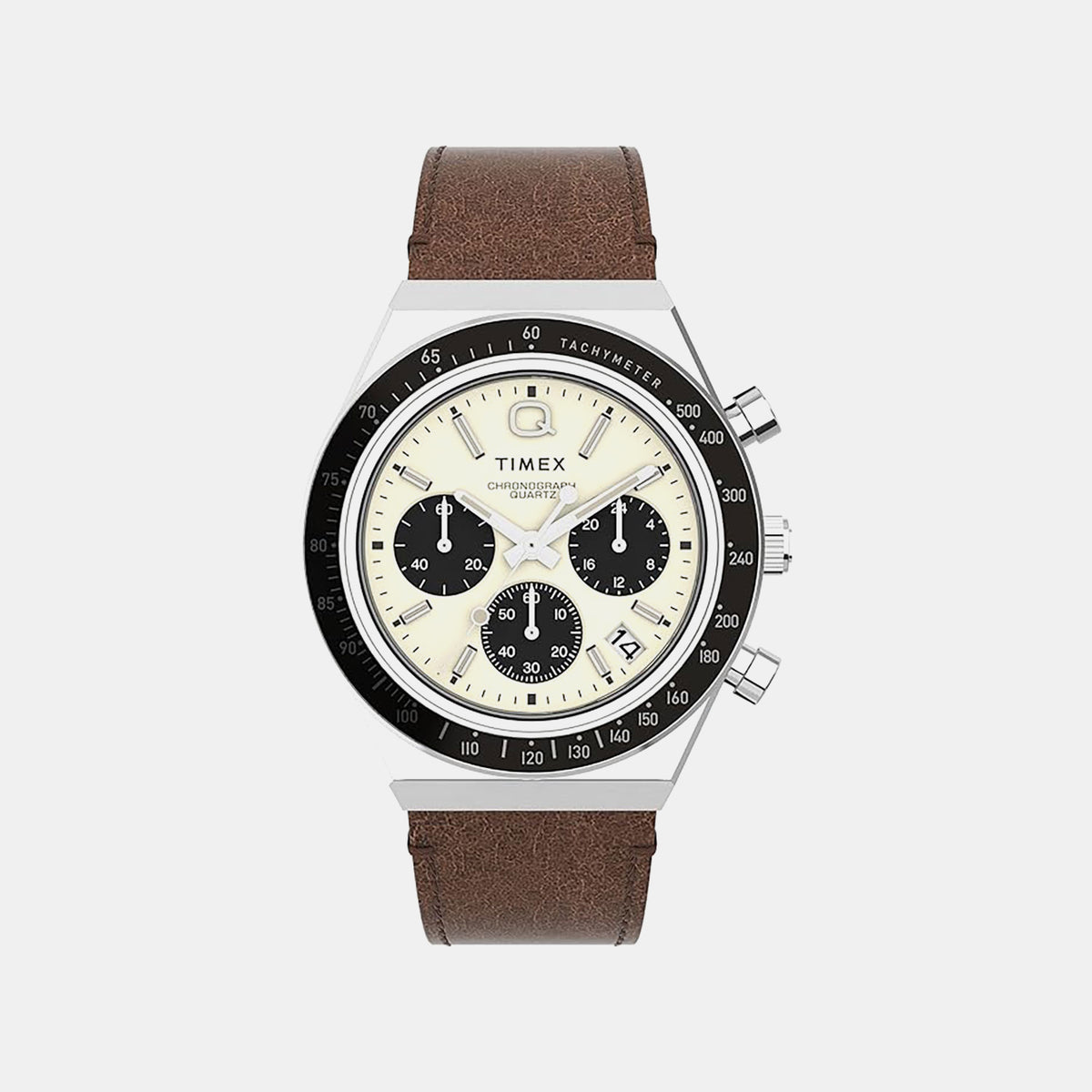 Q Timex Men Quartz Cream Dial Multi-Function Leather Watch TWEG26401