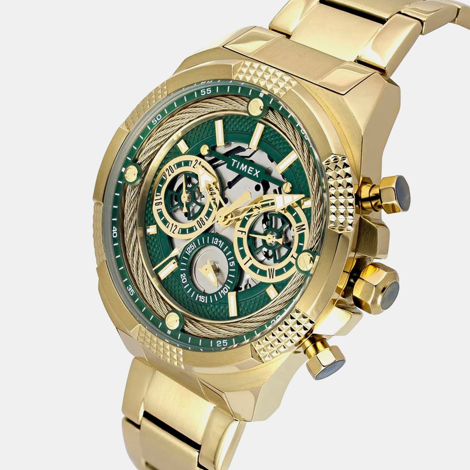 Fashion Men Quartz Green Dial Multi-Function Stainless Steel Watch TWEG27700