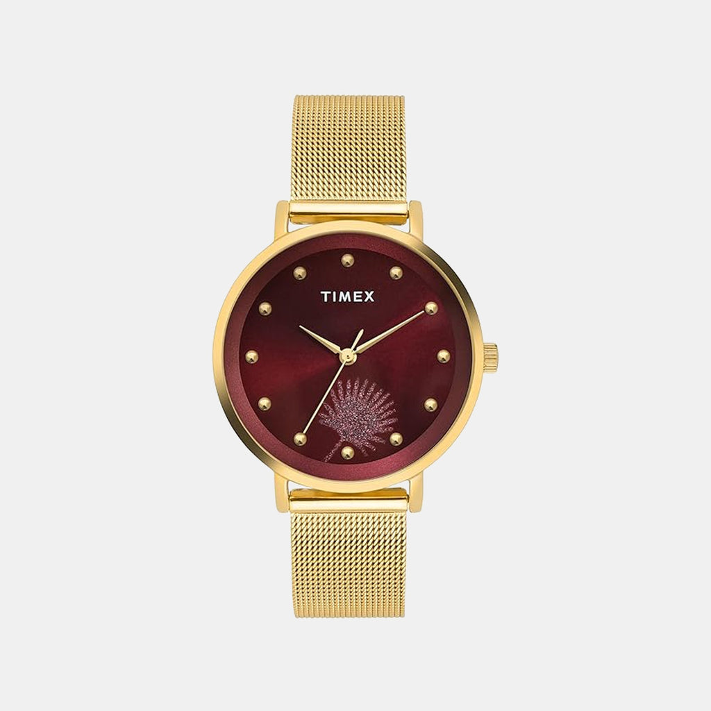 Fashion Women Quartz Maroon Dial Analog Mesh Watch TWEL12923