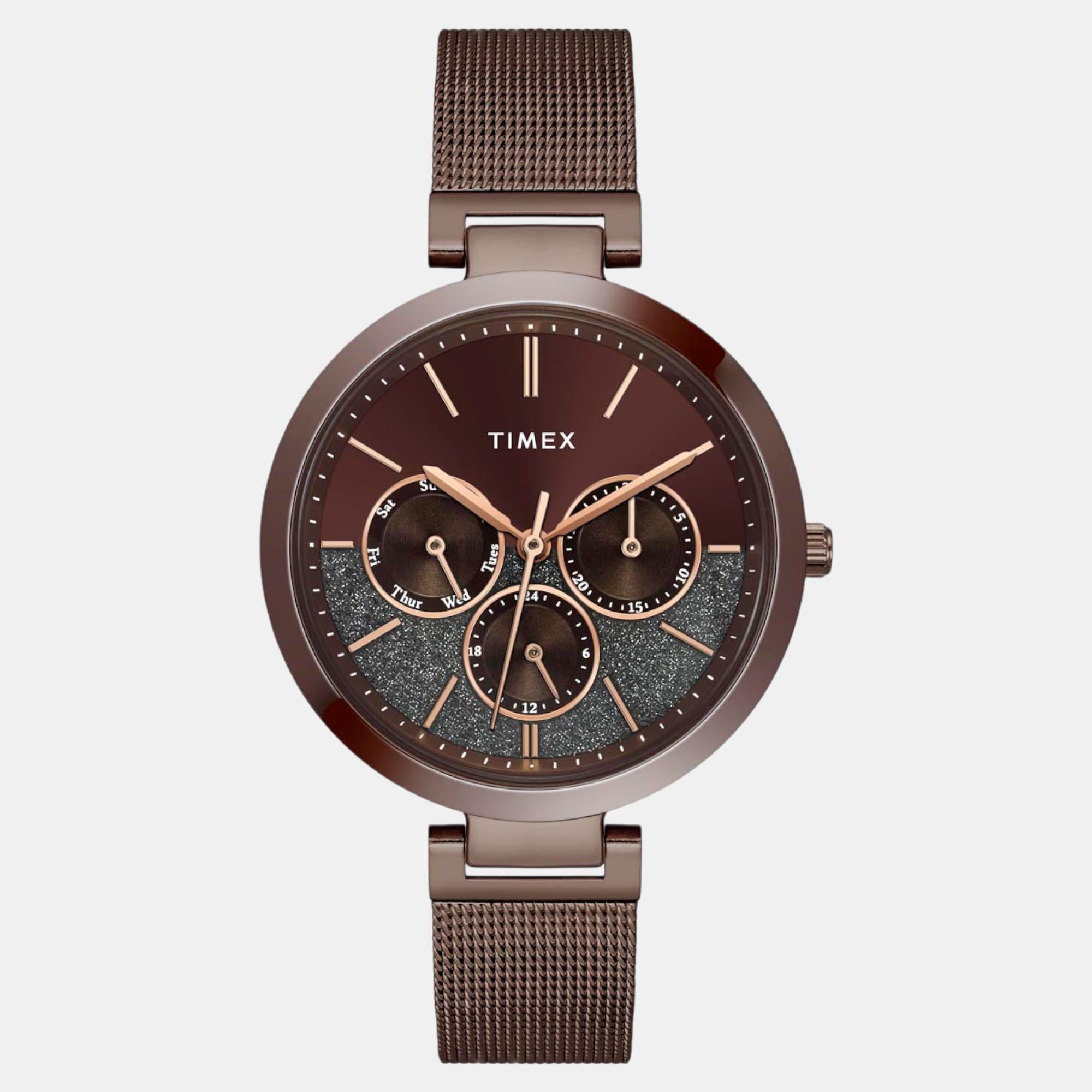 Fashion Women Quartz Brown Dial Multi-Function Stainless Steel Watch TWEL14507