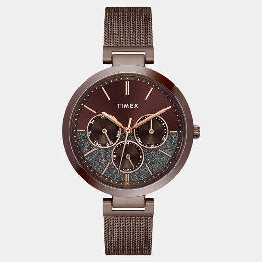 Fashion Women Quartz Brown Dial Multi-Function Stainless Steel Watch TWEL14507