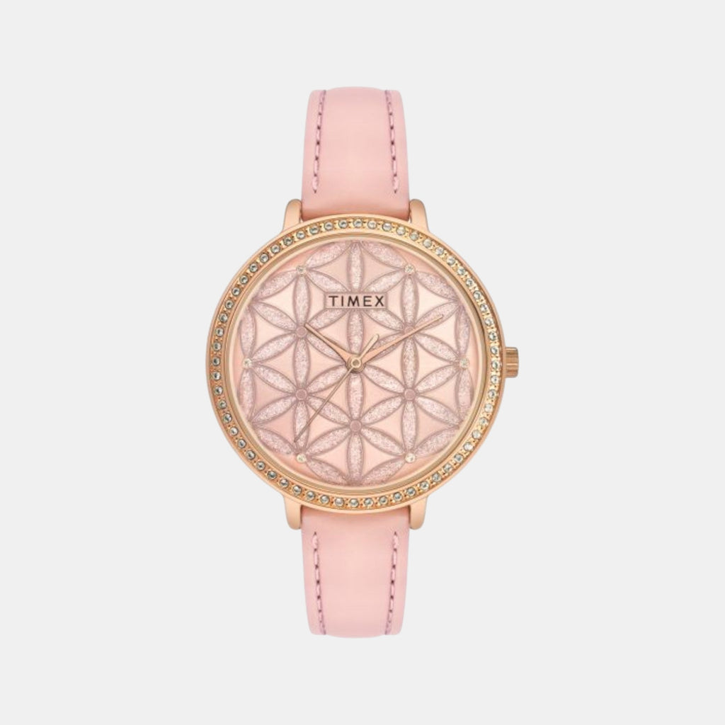 Fashion Women Quartz Pink Dial Analog Leather Watch TWEL14707