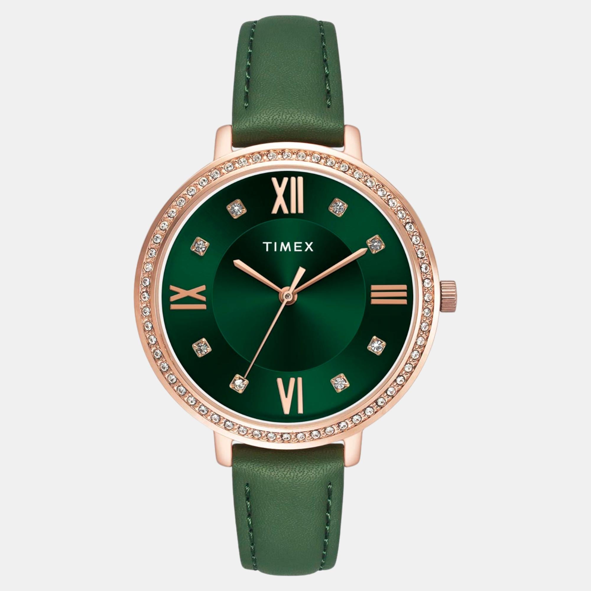 Fashion Women Quartz Green Dial Analog Leather Watch TWEL14713