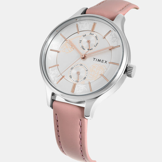 Fashion Women Quartz Silver Dial Multi-Function Leather Watch TWEL14822