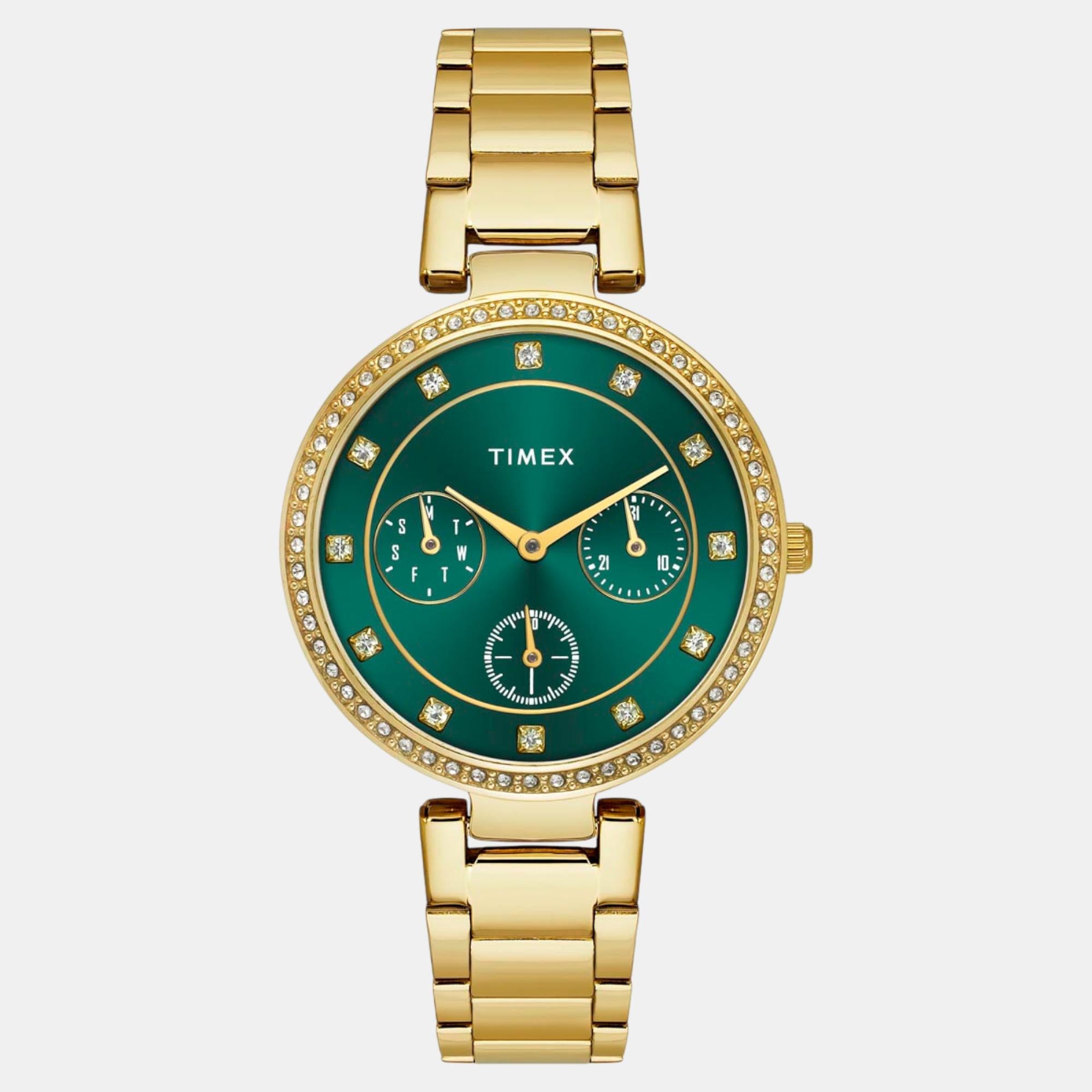Fashion Women Quartz Green Dial Multi-Function Stainless Steel Watch TWEL18700