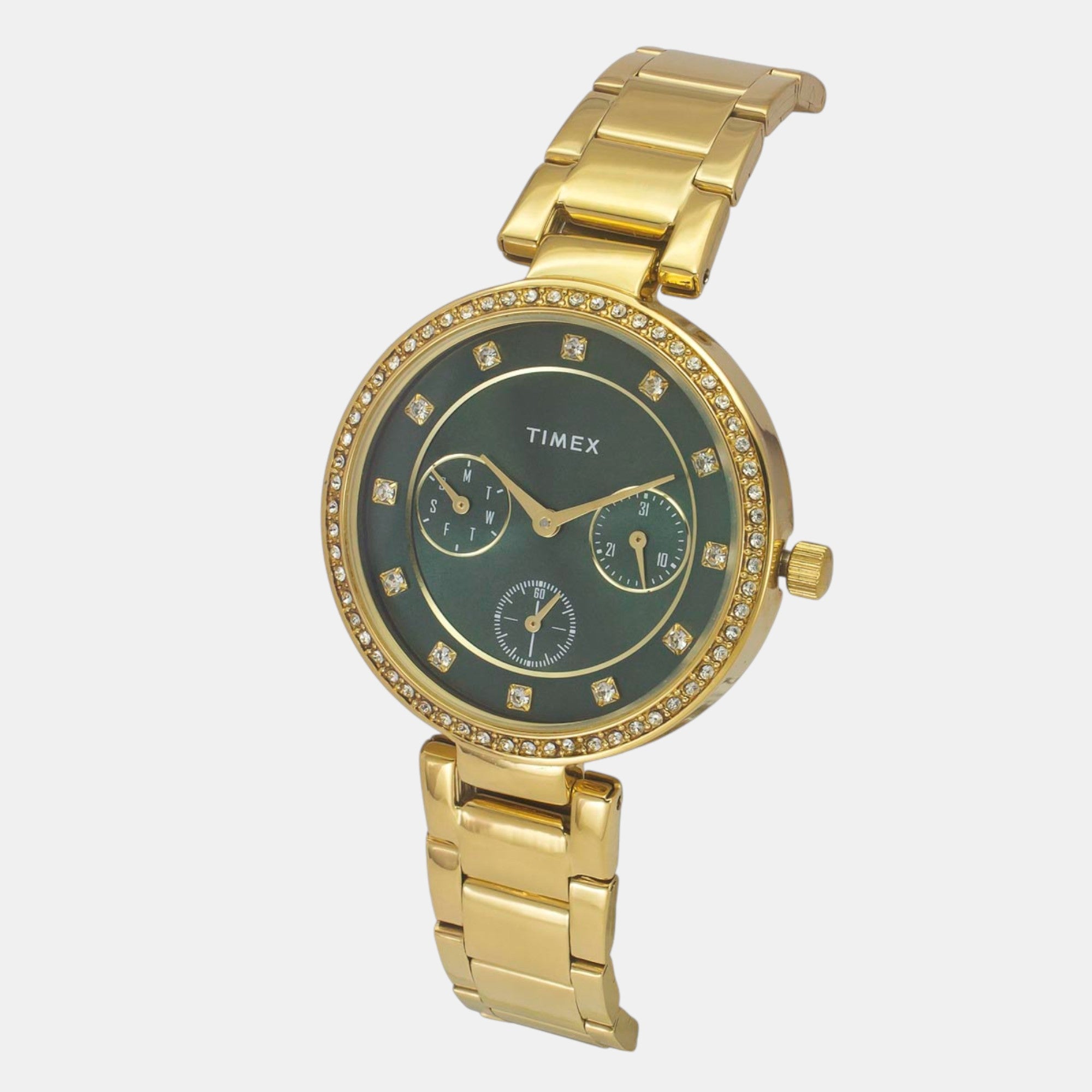 Fashion Women Quartz Green Dial Multi-Function Stainless Steel Watch TWEL18700