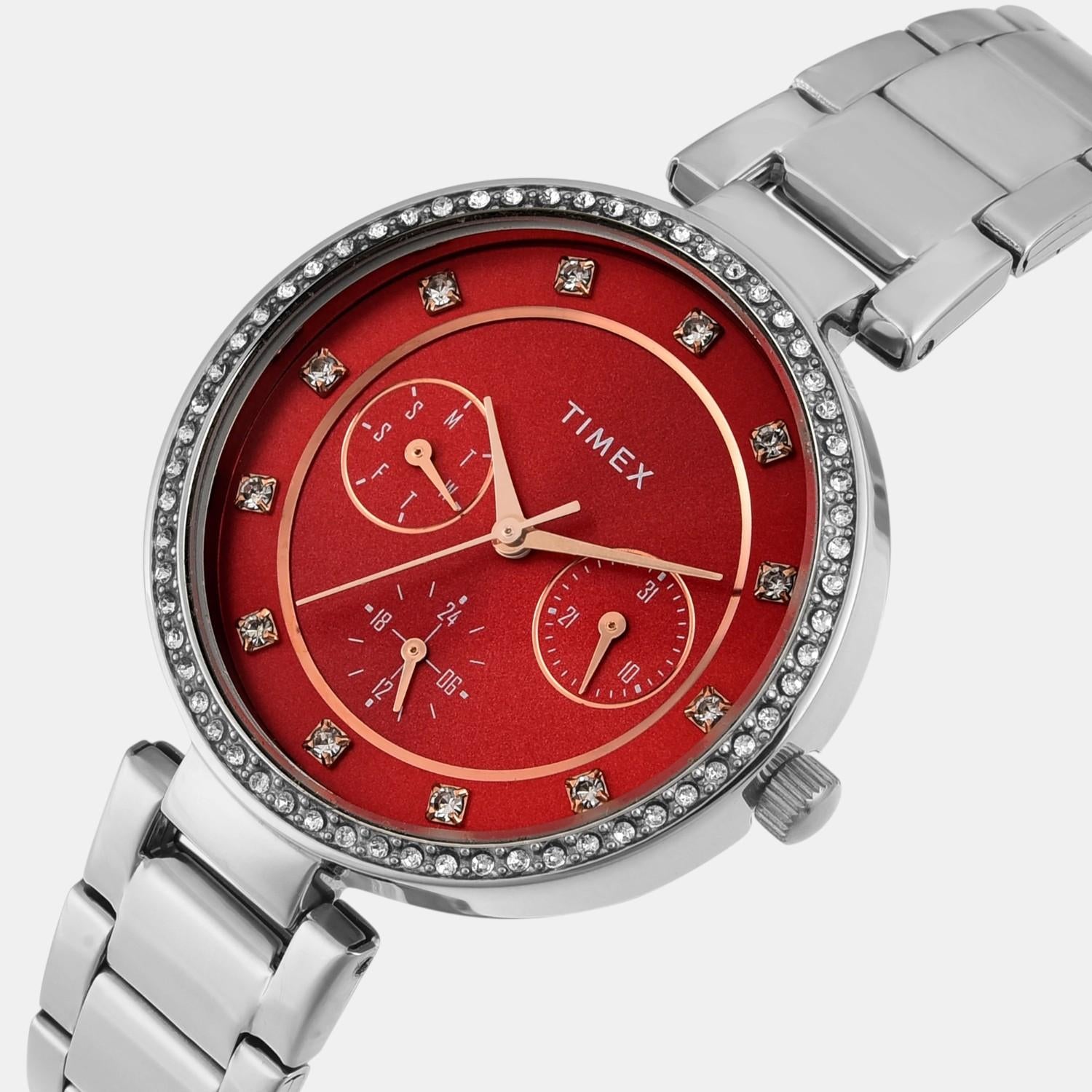 Fashion Women Quartz Red Dial Multi-Function Stainless Steel Watch TWEL18704