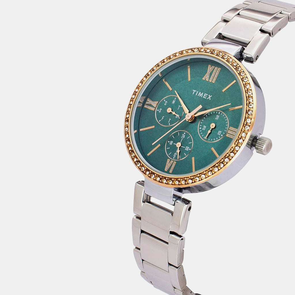 Fashion Women Quartz Teal Dial Multi-Function Stainless Steel Watch TWEL18706