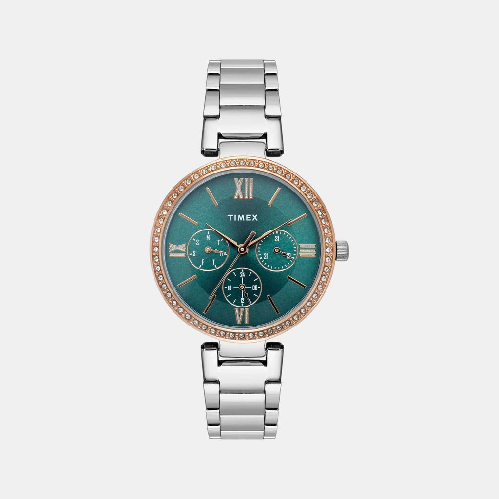 Fashion Women Quartz Teal Dial Multi-Function Stainless Steel Watch TWEL18706