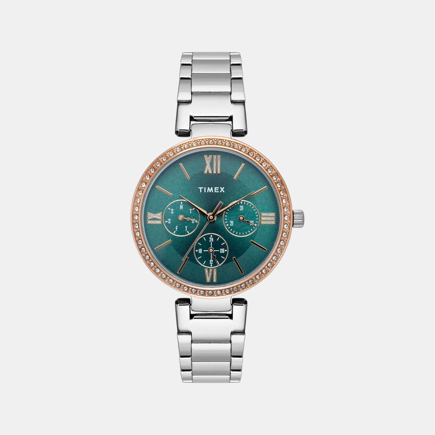 Fashion Women Quartz Teal Dial Multi-Function Stainless Steel Watch TWEL18706