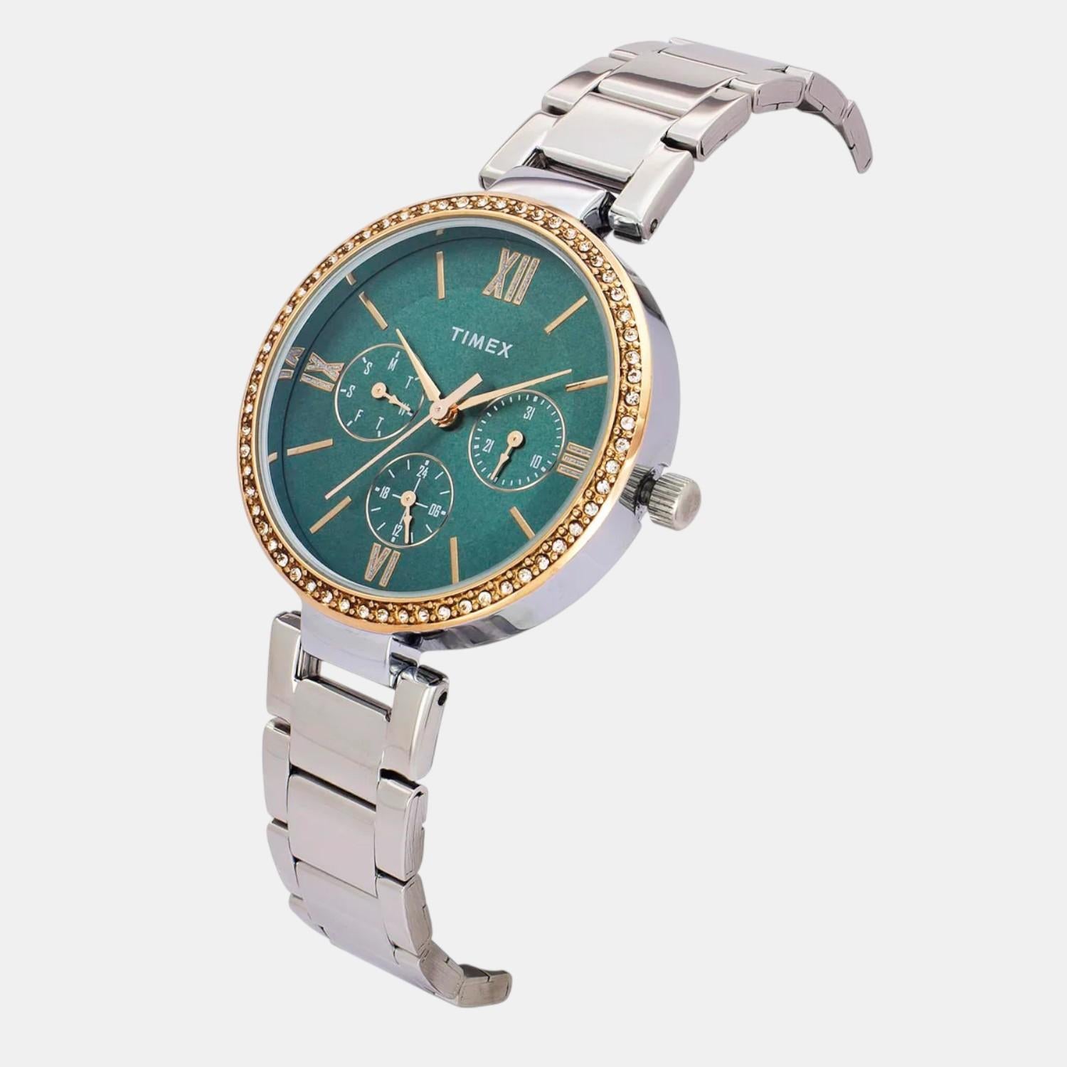Fashion Women Quartz Teal Dial Multi-Function Stainless Steel Watch TWEL18706