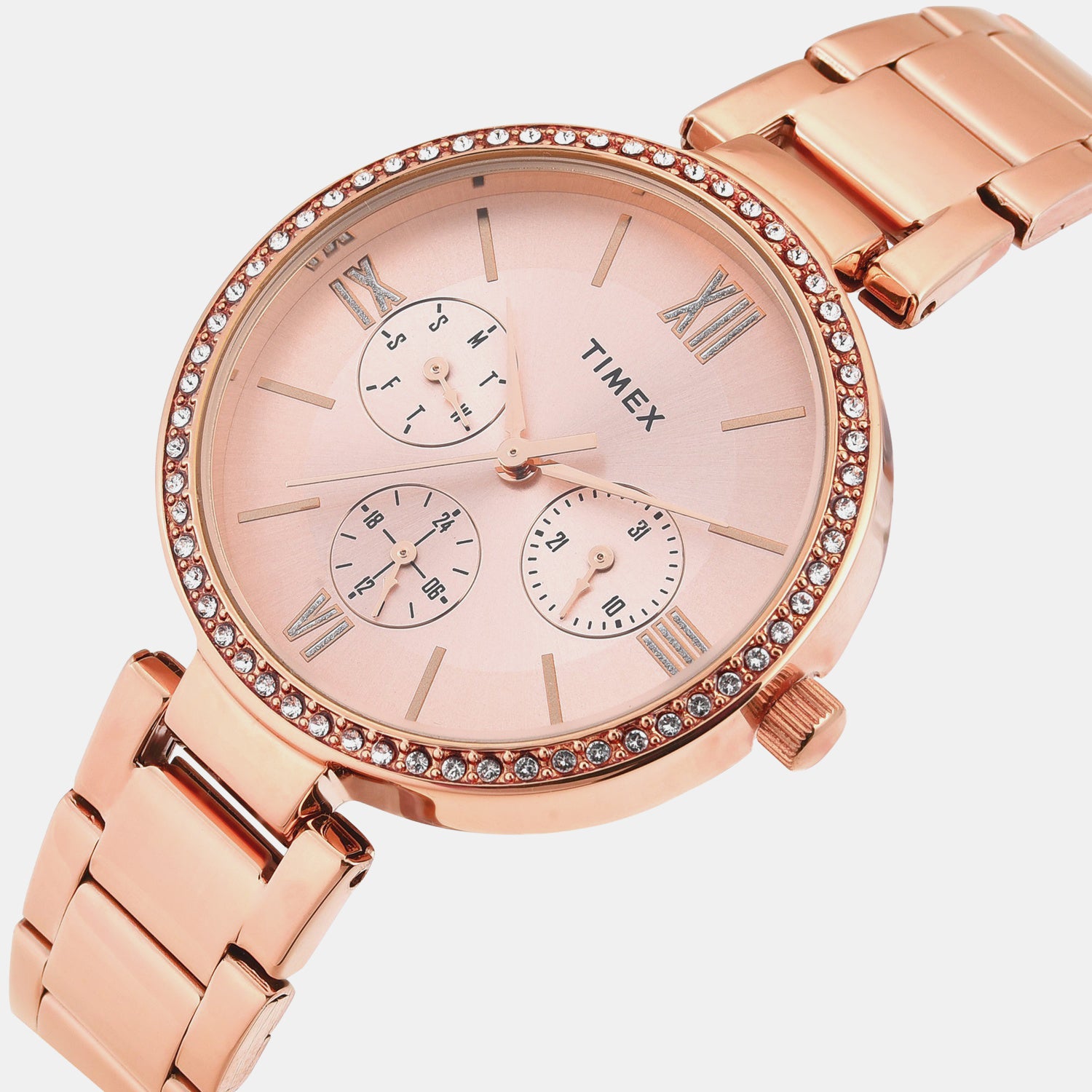 Fashion Women Quartz Pink Dial Multi-Function Stainless Steel Watch TWEL18707