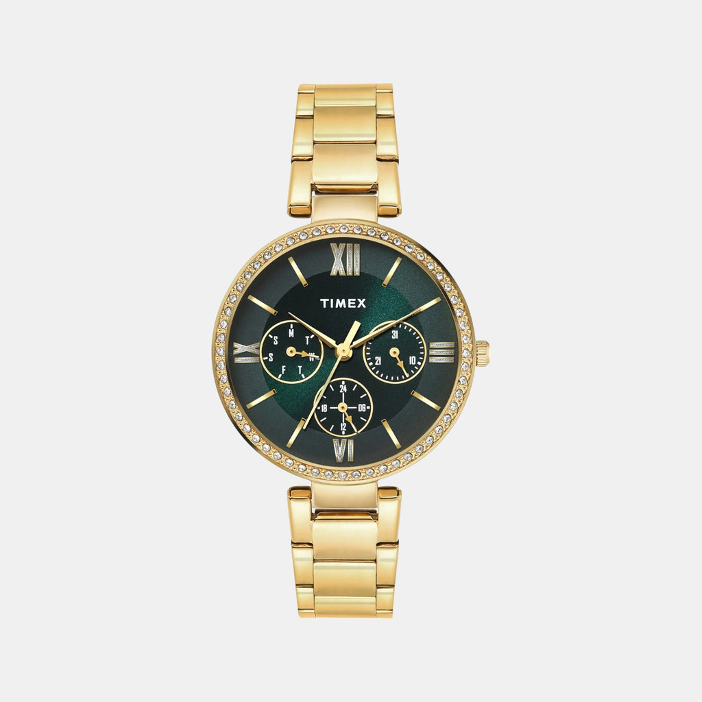 Fashion Women Quartz Green Dial Multi-Function Stainless Steel Watch TWEL18708