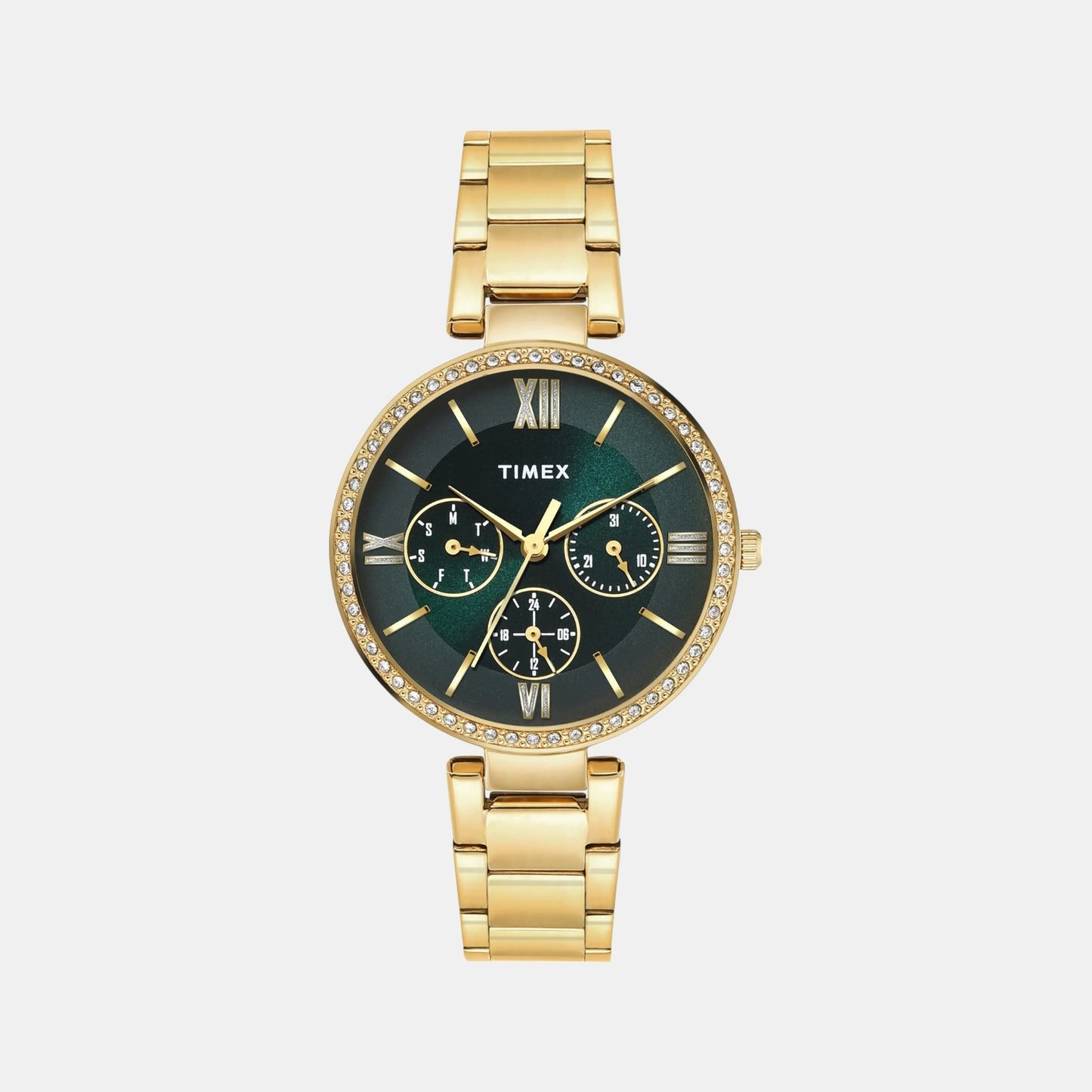 Fashion Women Quartz Green Dial Multi-Function Stainless Steel Watch TWEL18708