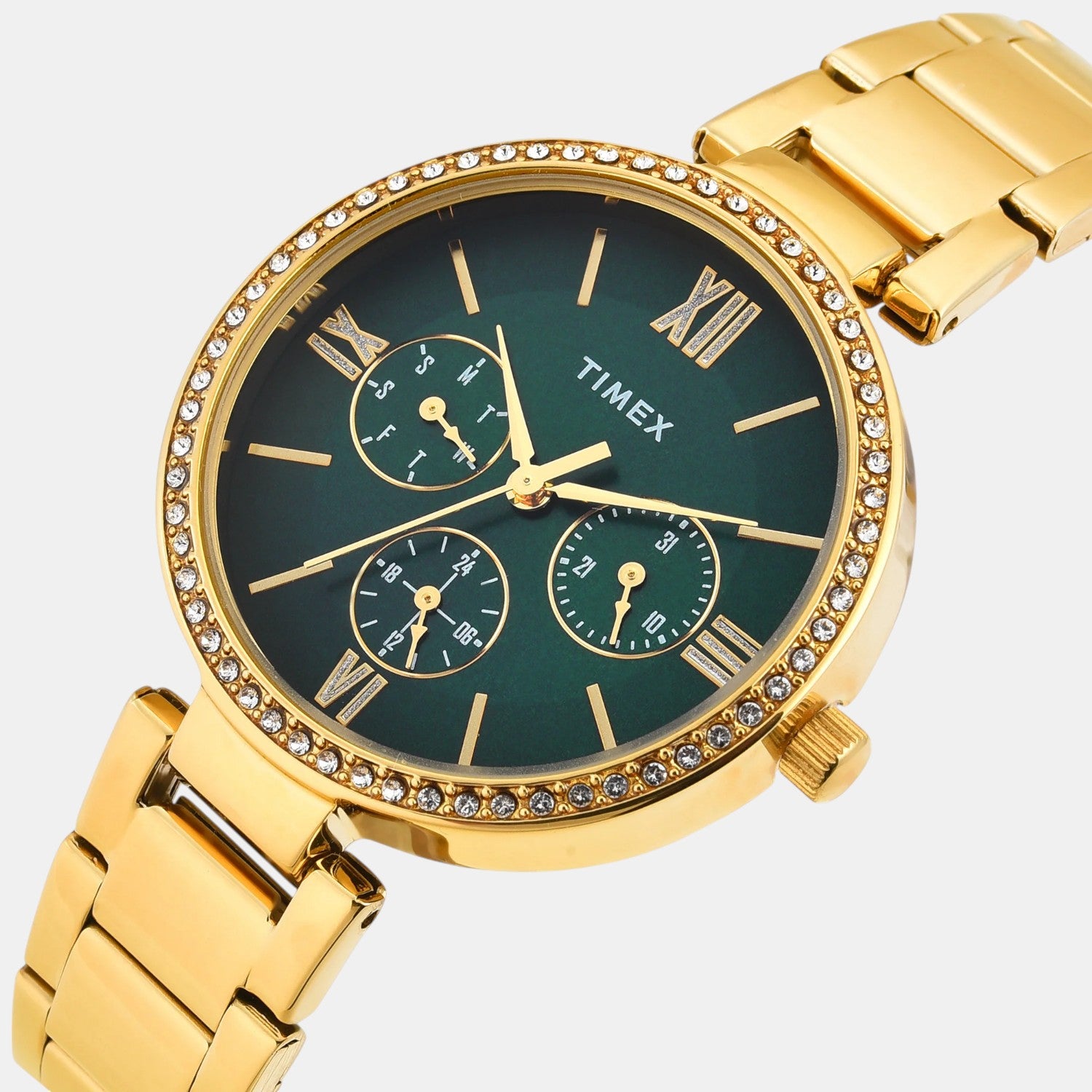 Fashion Women Quartz Green Dial Multi-Function Stainless Steel Watch TWEL18708