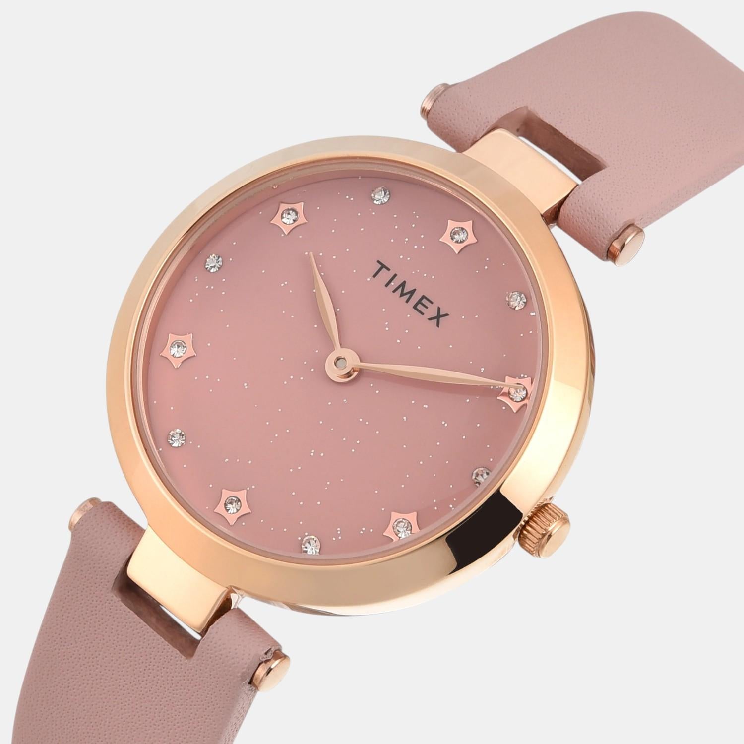Fashion Women Quartz Pink Dial Analog Leather Watch TWEL19204