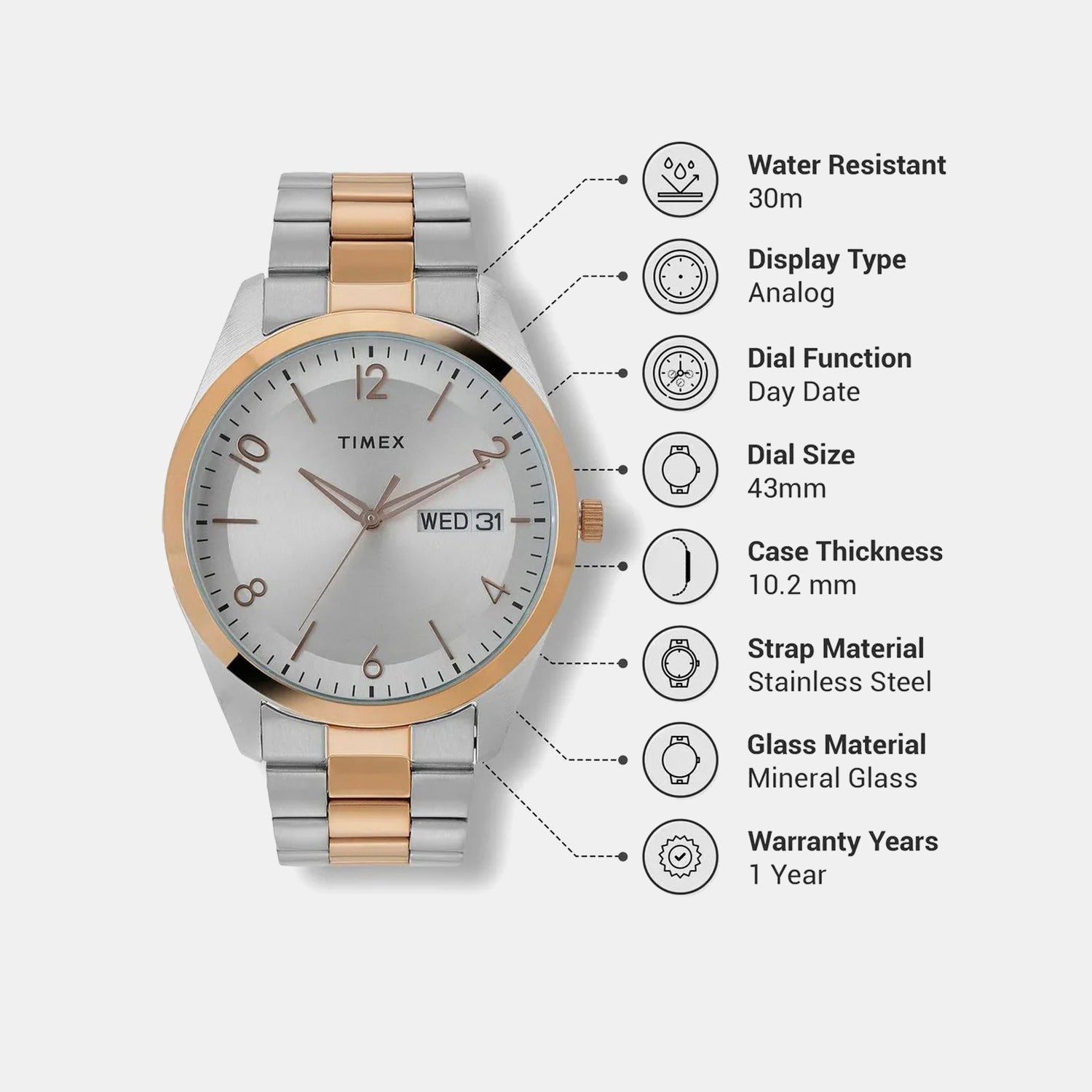 Classics Men Quartz Silver Dial Analog Stainless Steel Watch TWTG10405