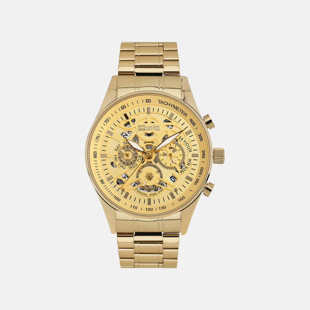 Men Quartz Gold Dial Multi-Function Stainless Steel Watch UNG010002