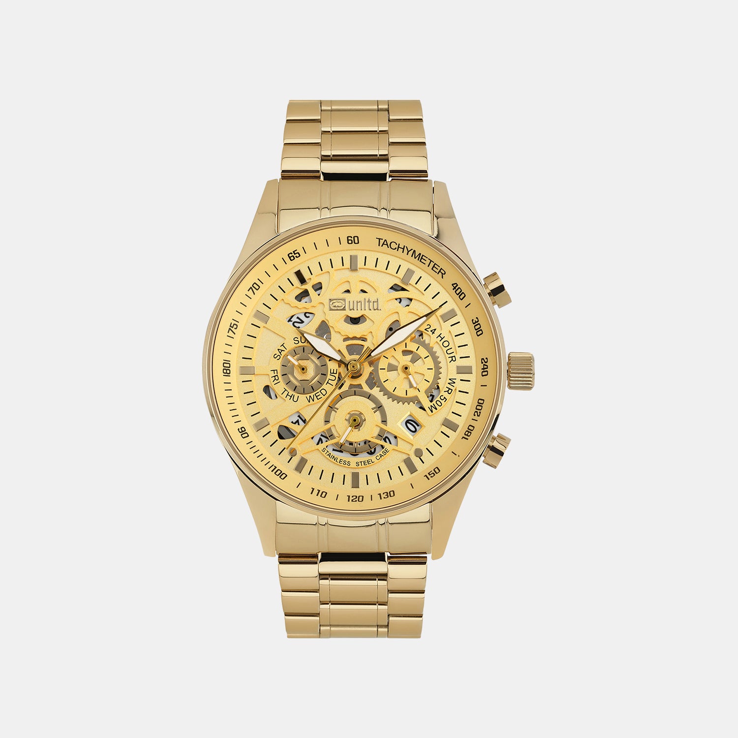 Men Quartz Gold Dial Multi-Function Stainless Steel Watch UNG010002