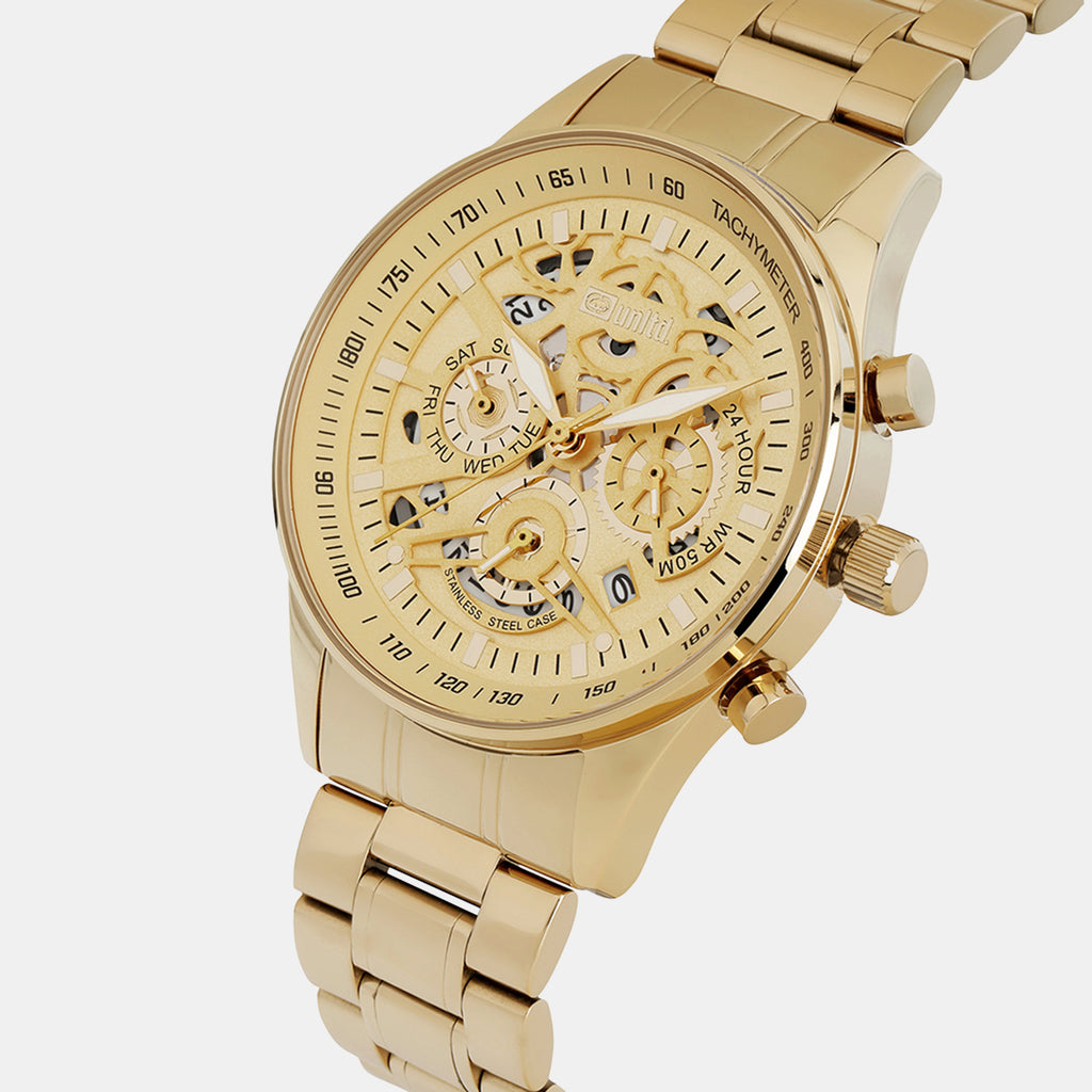 Men Quartz Gold Dial Multi-Function Stainless Steel Watch UNG010002