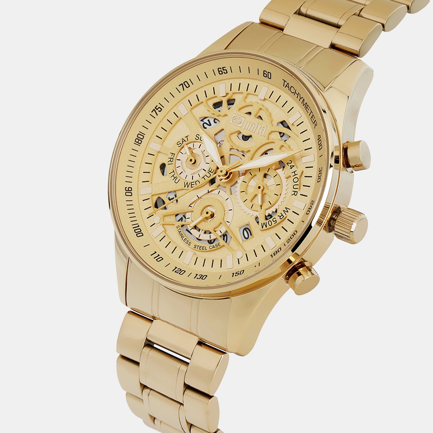 Men Quartz Gold Dial Multi-Function Stainless Steel Watch UNG010002
