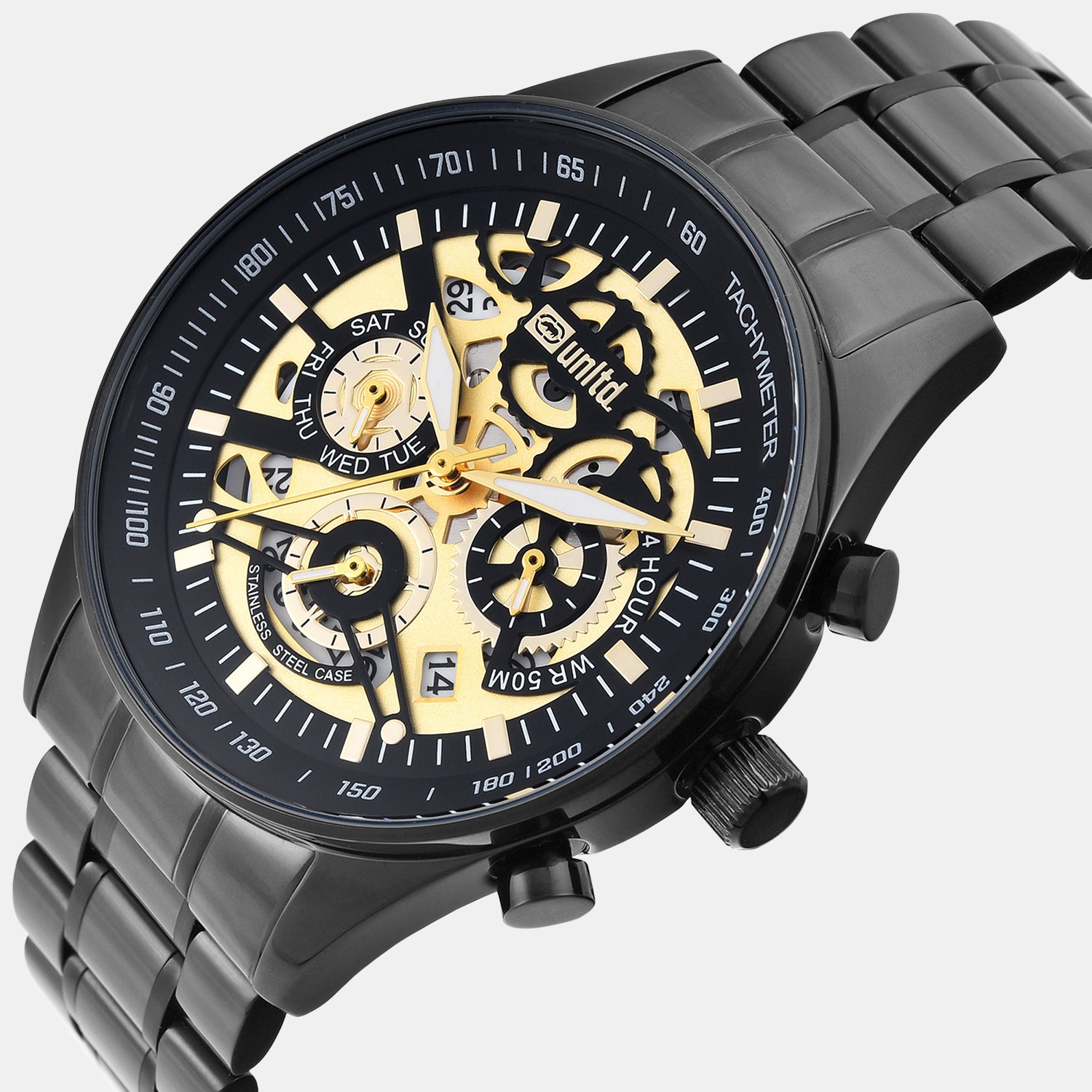 Men Quartz Gold Dial Multi-Function Stainless Steel Watch UNG010003