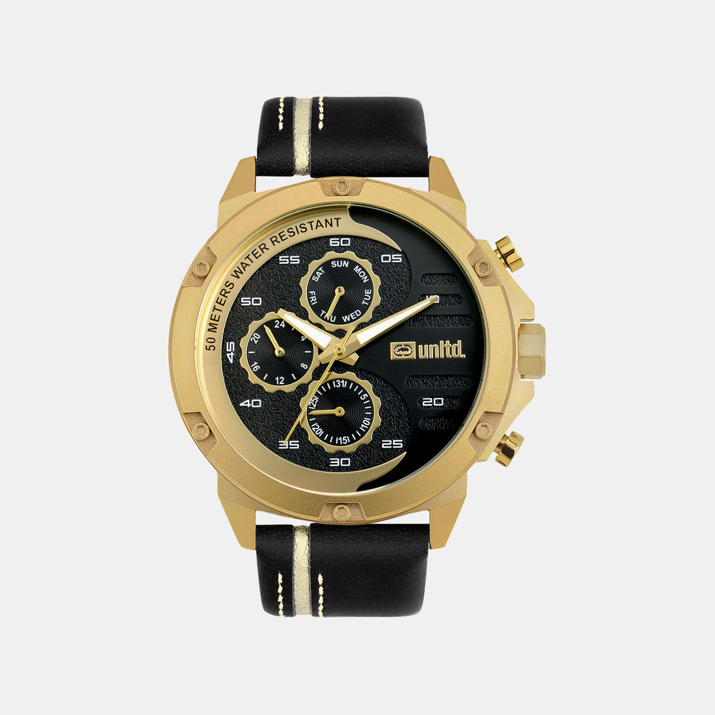 Men Quartz Black Dial Multi-Function Leather Watch UNG050002