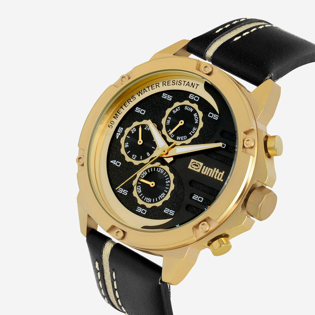 Men Quartz Black Dial Multi-Function Leather Watch UNG050002