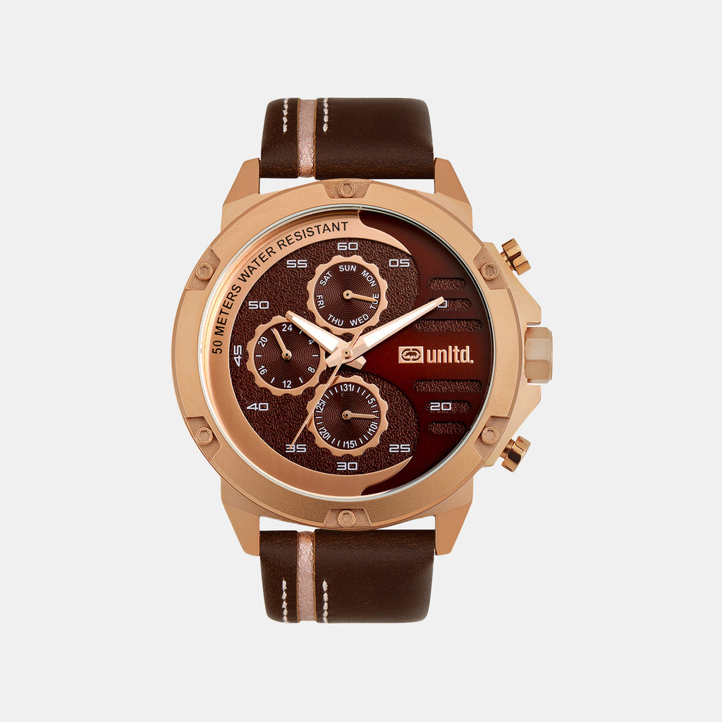 Men Quartz Brown Dial Multi-Function Leather Watch UNG050003