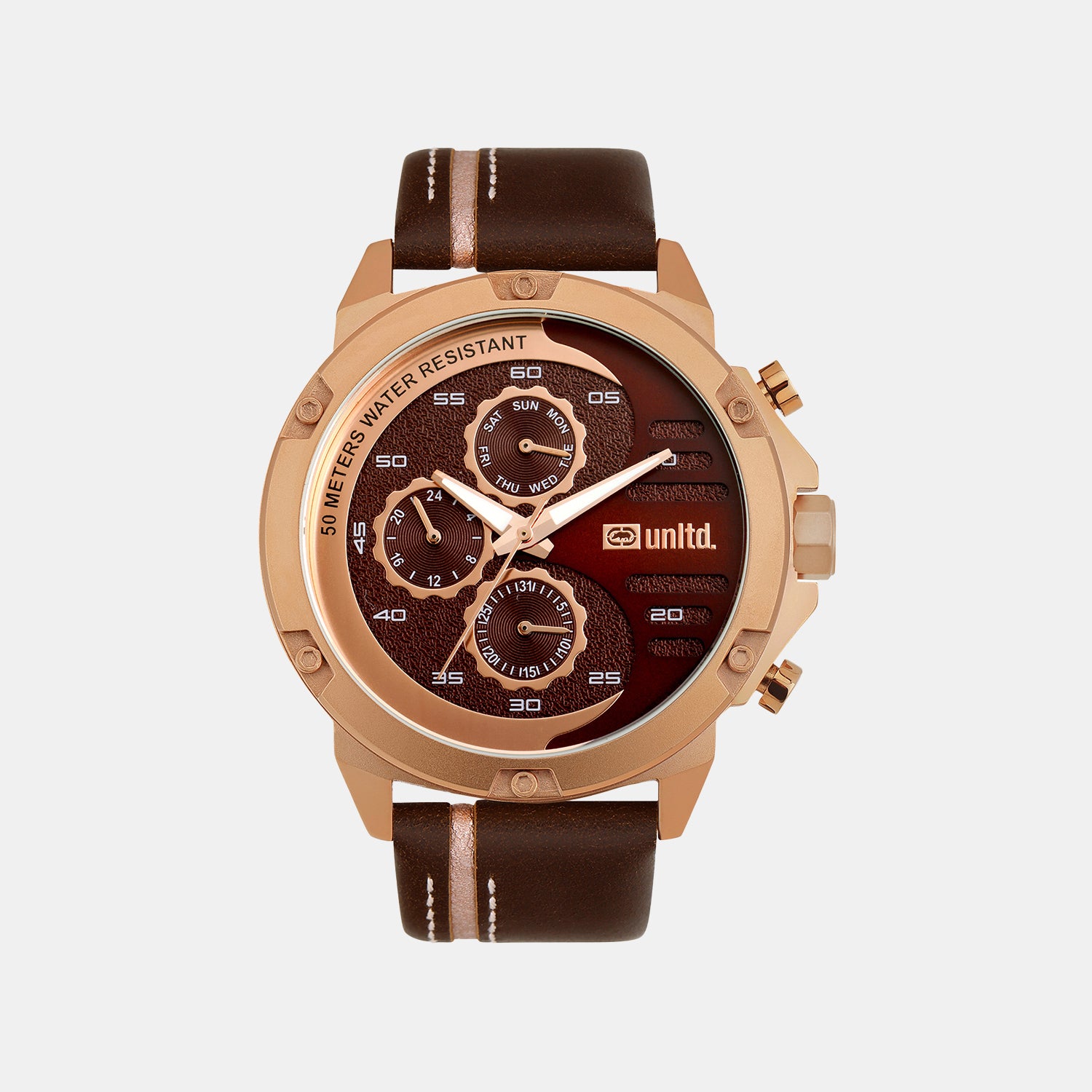Men Quartz Brown Dial Multi-Function Leather Watch UNG050003