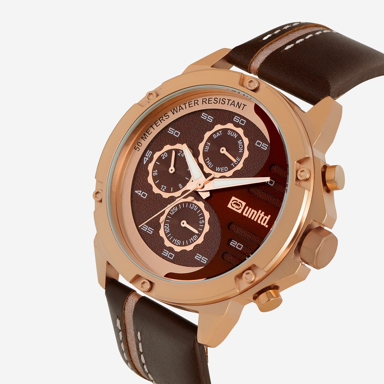 Men Quartz Brown Dial Multi-Function Leather Watch UNG050003