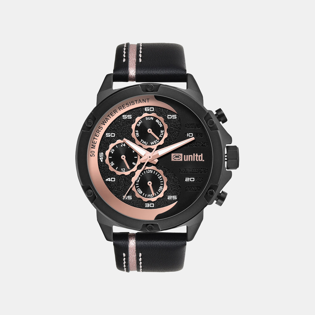 Men Quartz Black Dial Multi-Function Leather Watch UNG050004