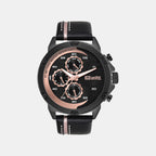 Men Quartz Black Dial Multi-Function Leather Watch UNG050004