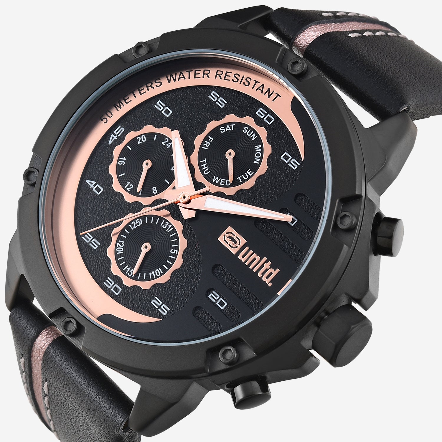 Men Quartz Black Dial Multi-Function Leather Watch UNG050004