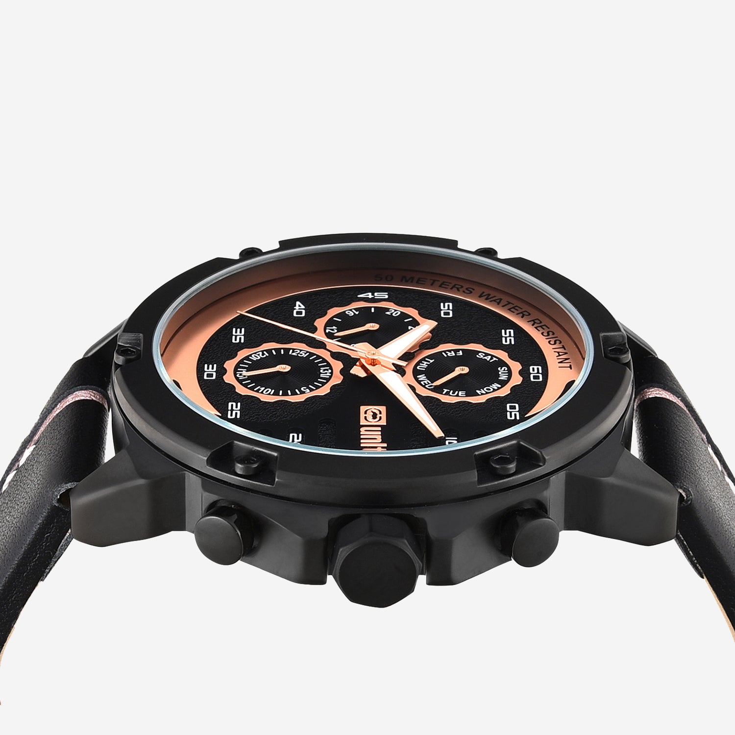 Men Quartz Black Dial Multi-Function Leather Watch UNG050004