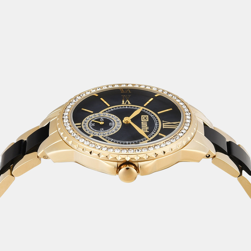 Women Quartz Black Mother Of Pearl Dial Analog Stainless Steel Watch UNL040003
