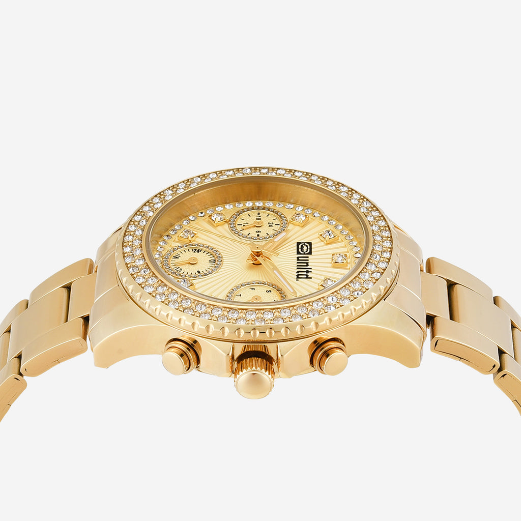 Women Quartz Gold Dial Multi-Function Stainless Steel Watch UNL110002