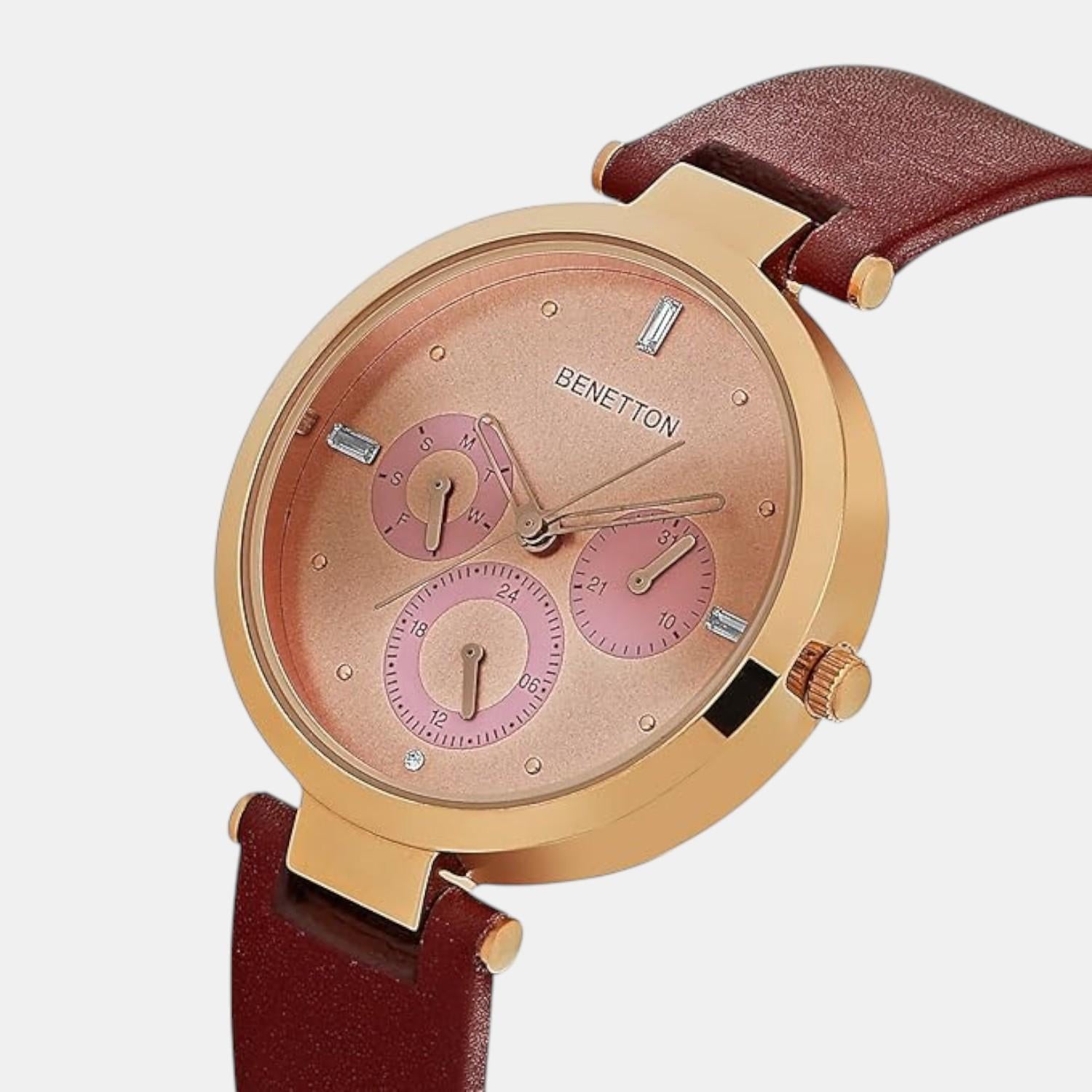 Signature Women Quartz Rose Gold Dial Multi-Function Leather Watch UWUCL1008